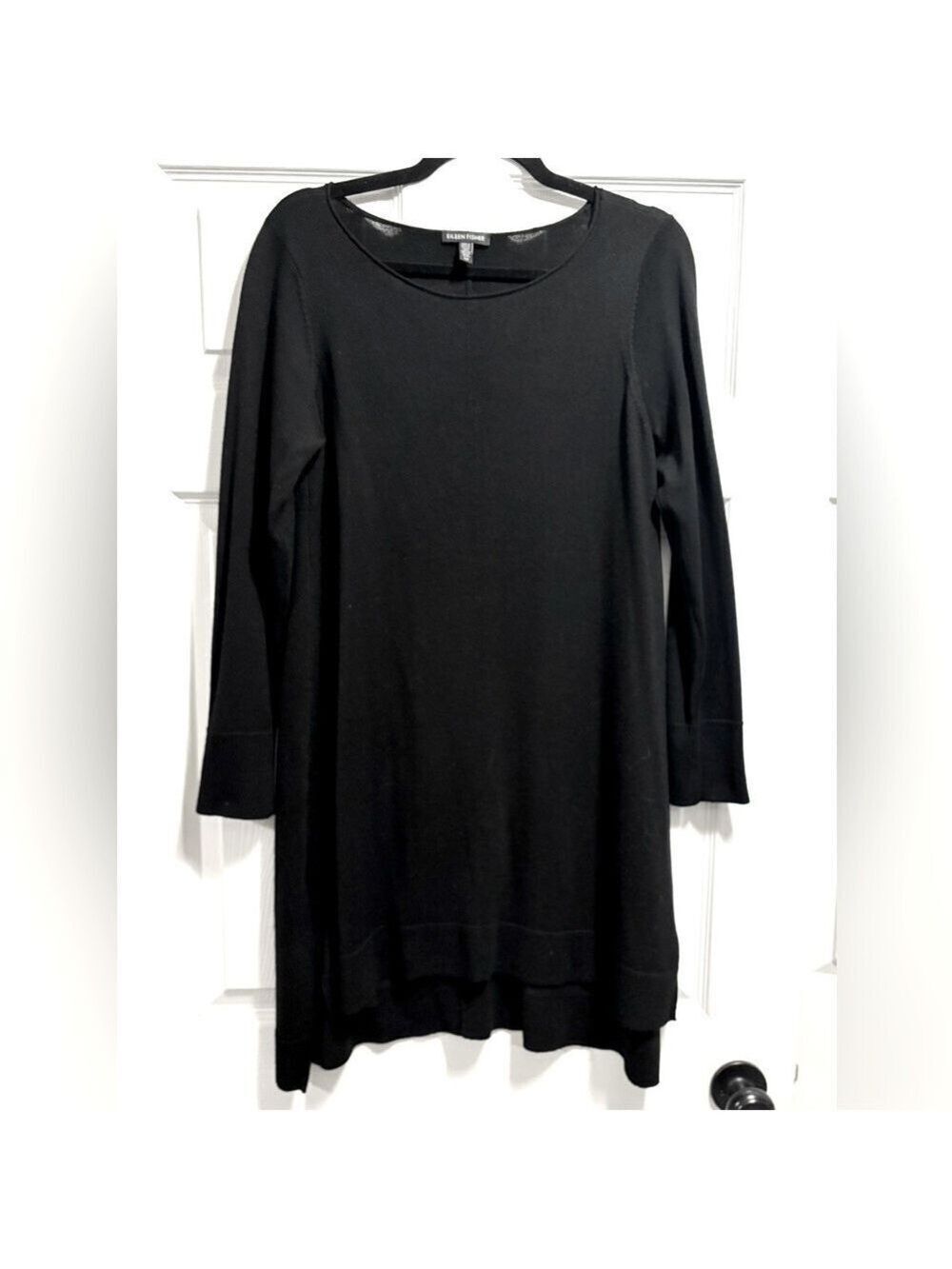 EILEEN FISHER Black Merino Wool Round Roll Neck Tunic Sweater Dress Size Small